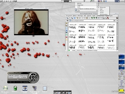 Capture d'écran de KDE 3.3 /><br />
</a><br />
KDE 3.3 avec le style Qinx, le thème de fenêtres IceWM (mais je ne sais plus lequel) et SKY Icon Theme pour les icônes.
</p>
<p>
Les softs qui tournent sont :
</p>
<ul>
<li>à gauche : gmplayer jouant le clip Stupid Girl de Garbage</li>
<li>à droite de la vidéo : konqueror montrant un répetoire contenant des polices de caractères,</li>
<li>en haut : kicker</li>
<li>le long en bas à droite : toujours grellm,</li>
<li>en bas à droite : toujours wmcoincoin.</li>
</ul>
<p>
<a href=
